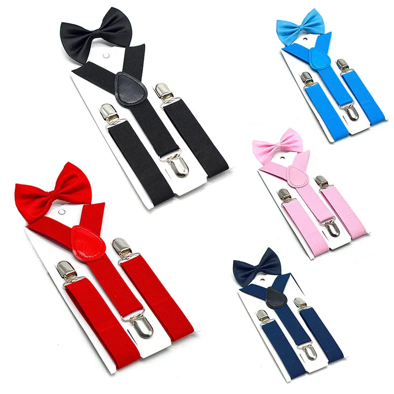 UNI Soild Color Children Belt Bowtie Set Boys Girls Suspenders Clip-on Y-Back Braces Bow Tie Elastic Kids Adjustable(pak of 2 pics)