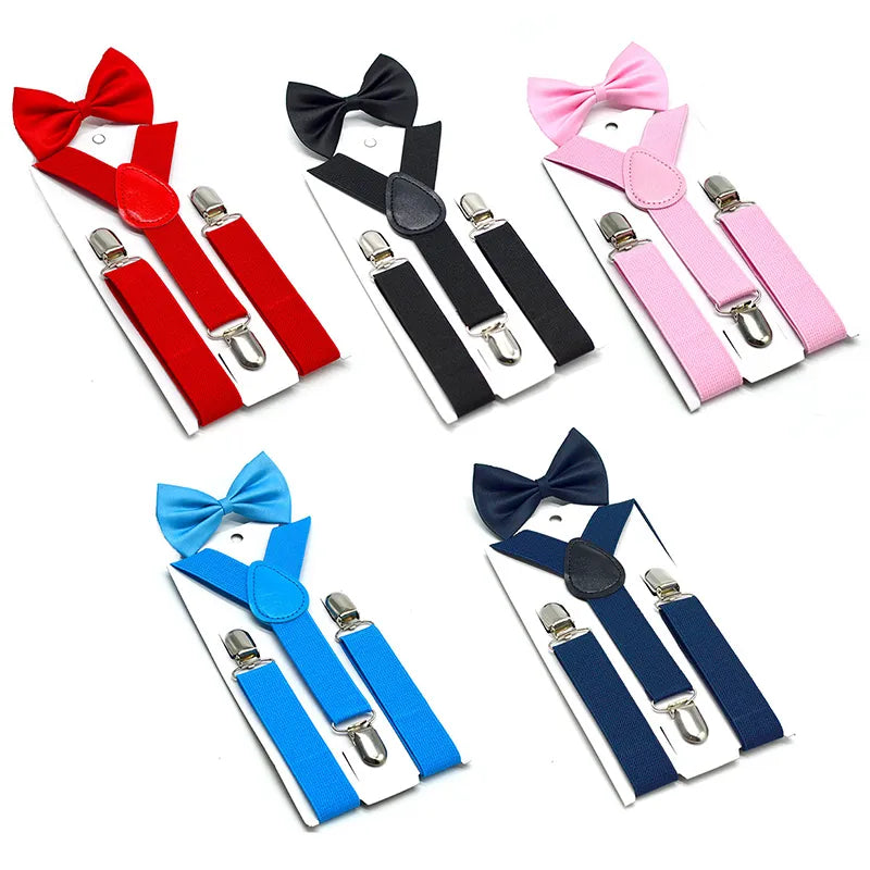 UNI Soild Color Children Belt Bowtie Set Boys Girls Suspenders Clip-on Y-Back Braces Bow Tie Elastic Kids Adjustable(pak of 2 pics)