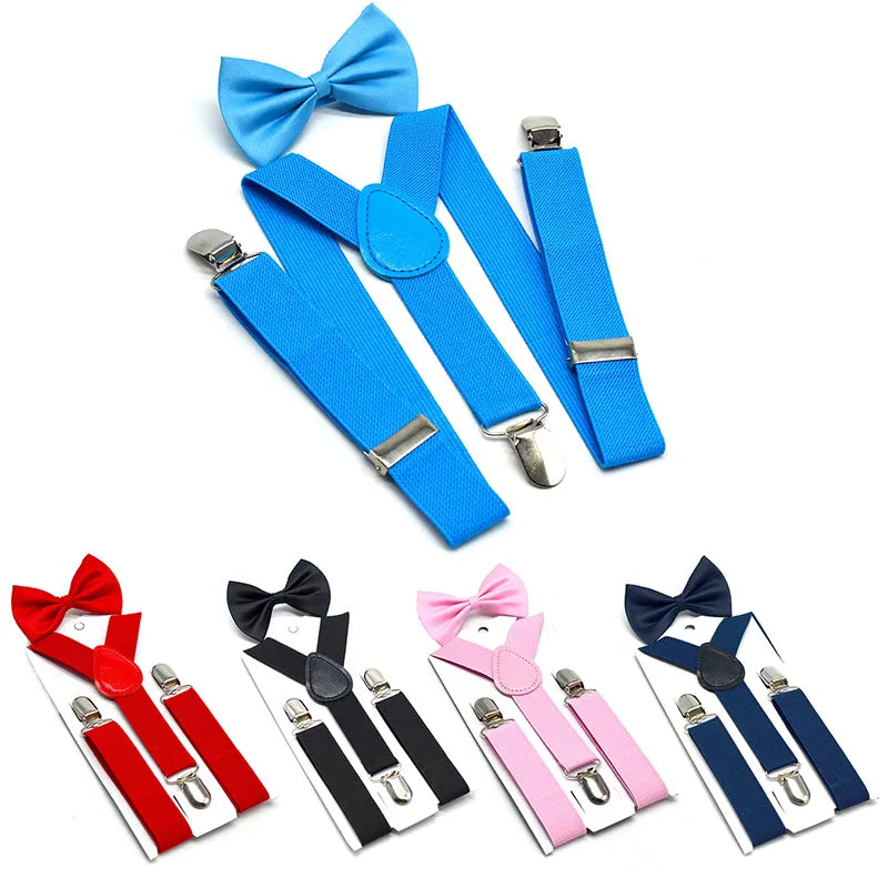 UNI Soild Color Children Belt Bowtie Set Boys Girls Suspenders Clip-on Y-Back Braces Bow Tie Elastic Kids Adjustable(pak of 2 pics)