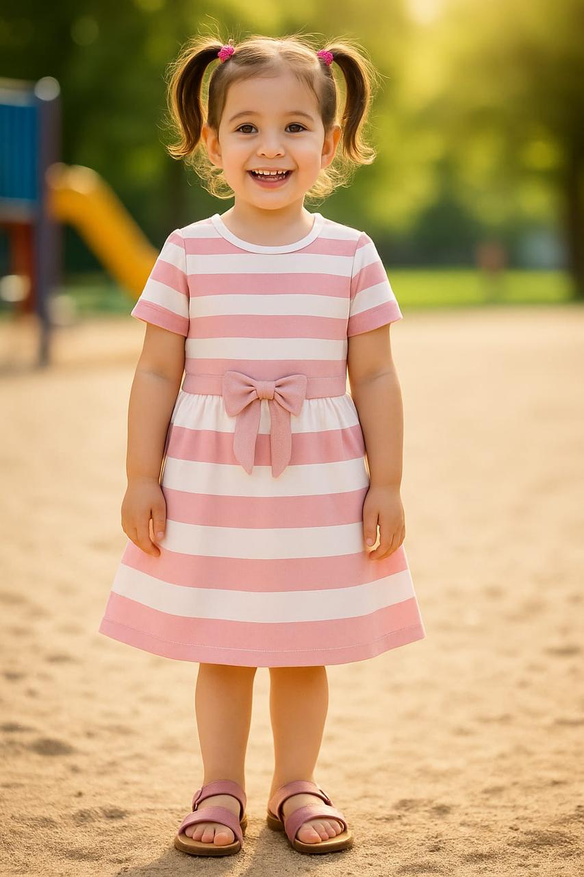 Sweet Stripes Pink Bow Dress – Girls Casual Wear(3y to 6y)