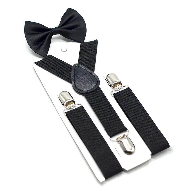 UNI Soild Color Children Belt Bowtie Set Boys Girls Suspenders Clip-on Y-Back Braces Bow Tie Elastic Kids Adjustable(pak of 2 pics)