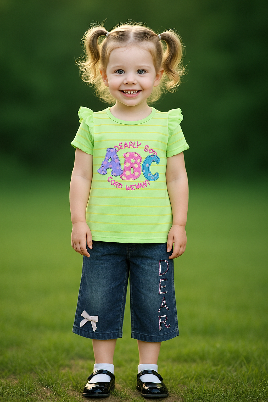 green Striped Bow Dress for Girls (2–6 Years)
